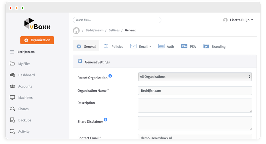 organization settings vboxxcloud
